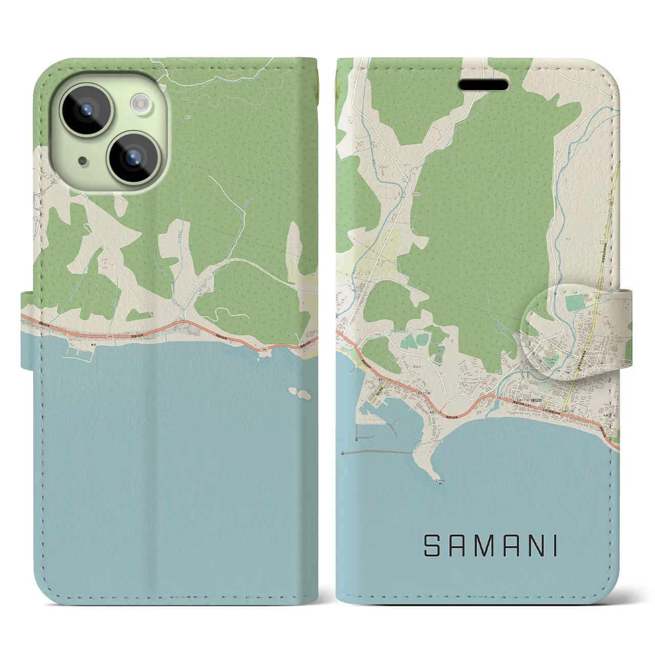 【様似(北海道)】地図柄iPhoneケース(手帳タイプ)ナチュラル・iPhone 15 用