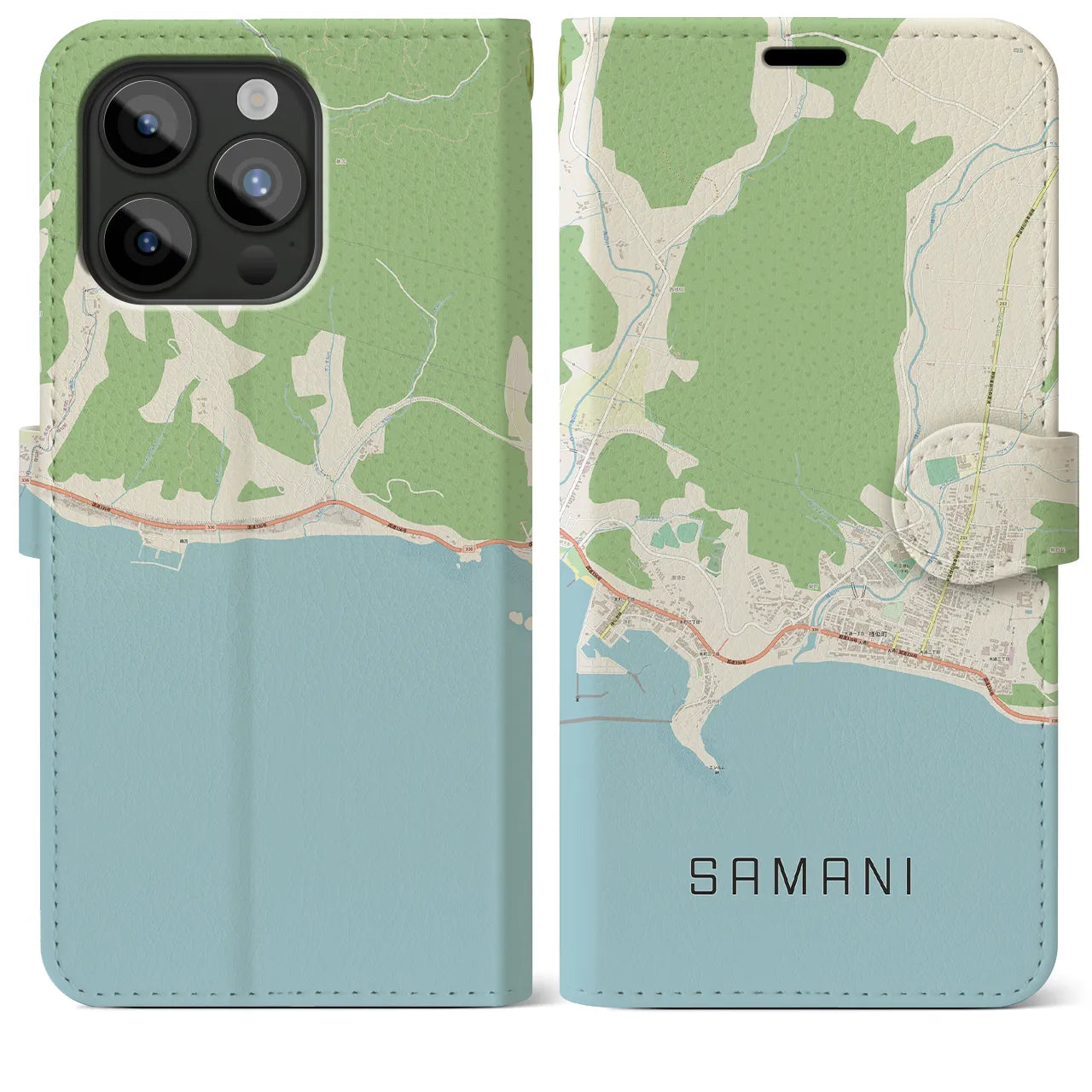 【様似(北海道)】地図柄iPhoneケース(手帳タイプ)ナチュラル・iPhone 15 Pro Max 用