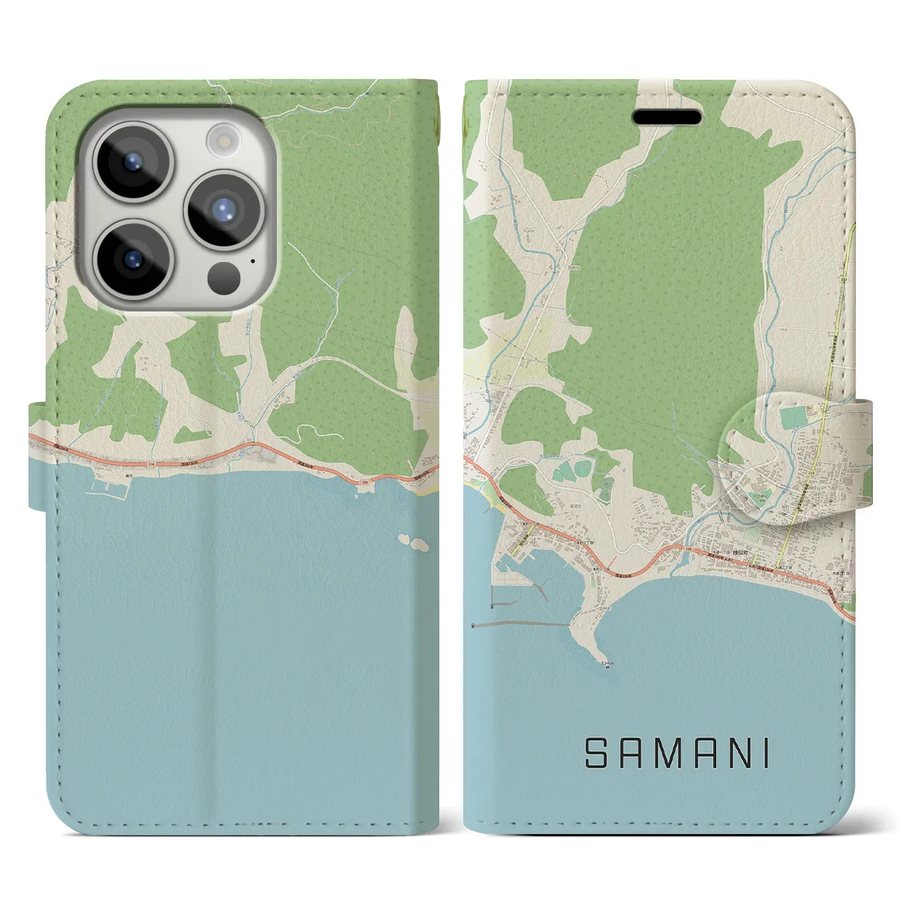 【様似(北海道)】地図柄iPhoneケース(手帳タイプ)ナチュラル・iPhone 15 Pro 用