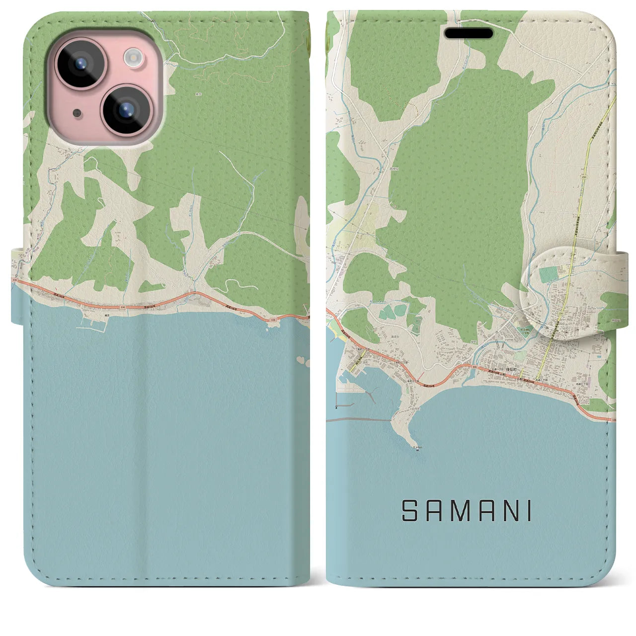 【様似(北海道)】地図柄iPhoneケース(手帳タイプ)ナチュラル・iPhone 15 Plus 用