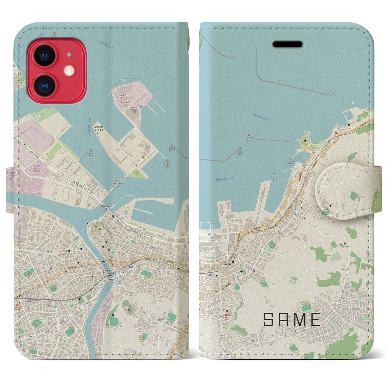 【鮫(青森県)】地図柄iPhoneケース(手帳タイプ)ナチュラル・iPhone 11 用
