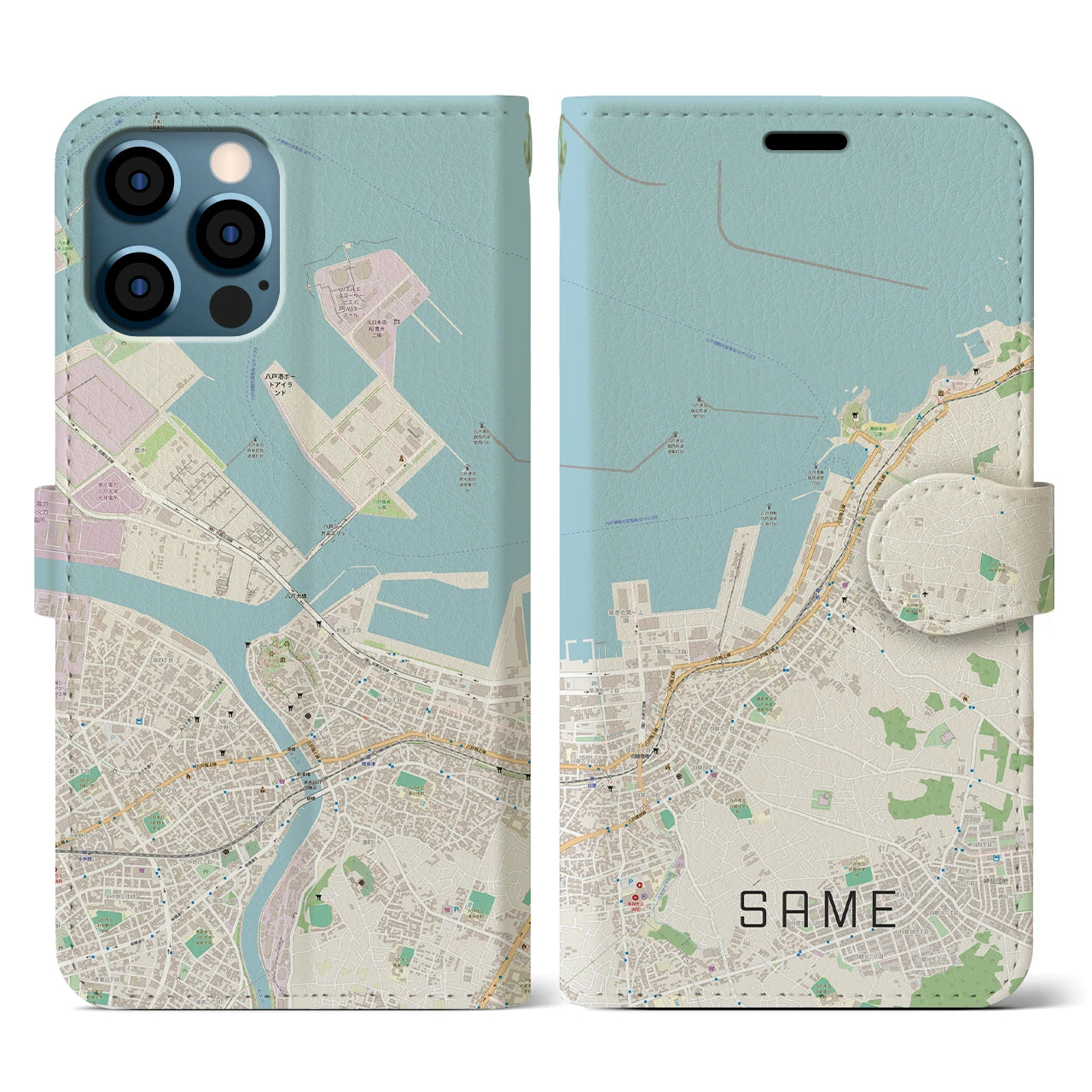 【鮫(青森県)】地図柄iPhoneケース(手帳タイプ)ナチュラル・iPhone 12 / 12 Pro 用