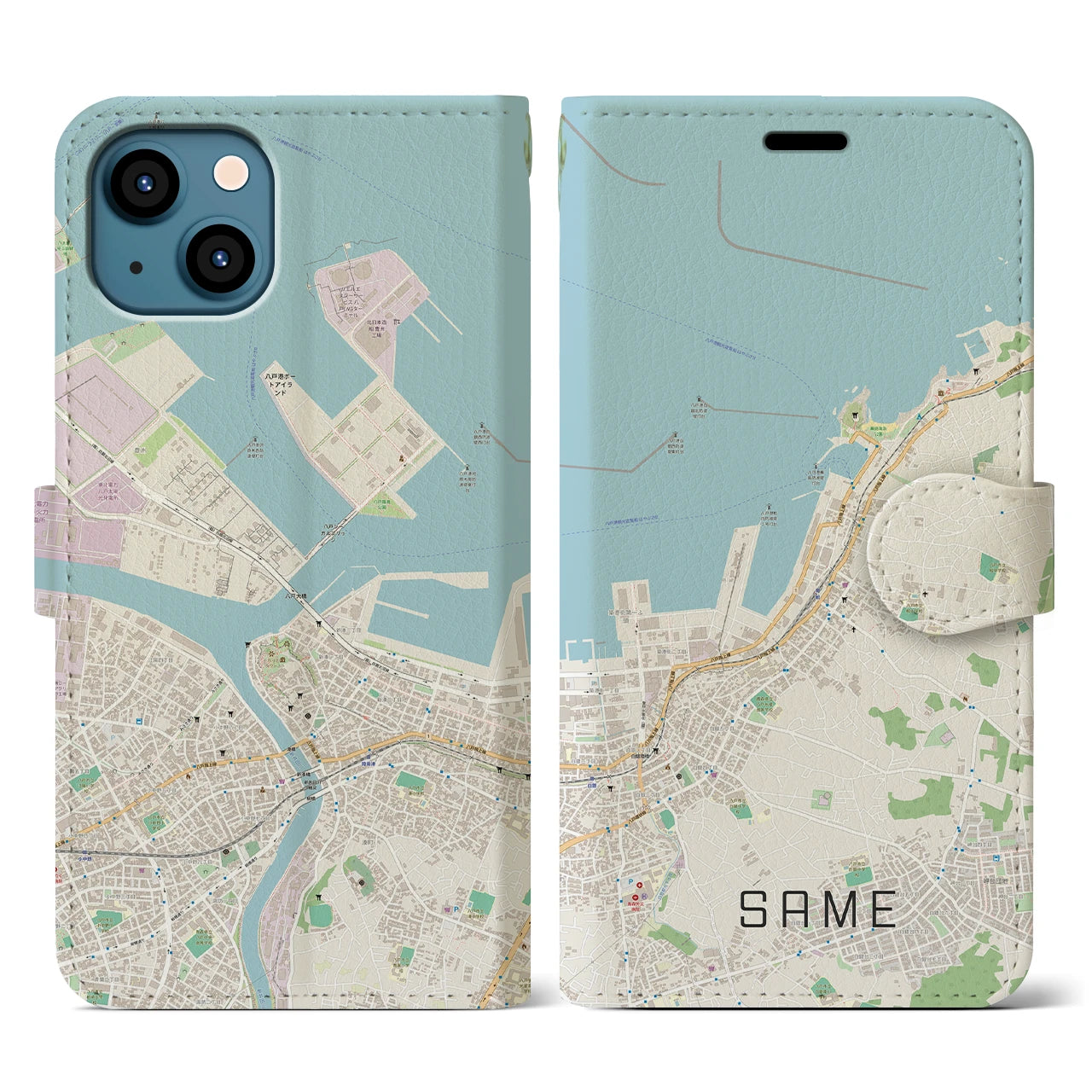 【鮫(青森県)】地図柄iPhoneケース(手帳タイプ)ナチュラル・iPhone 13 用
