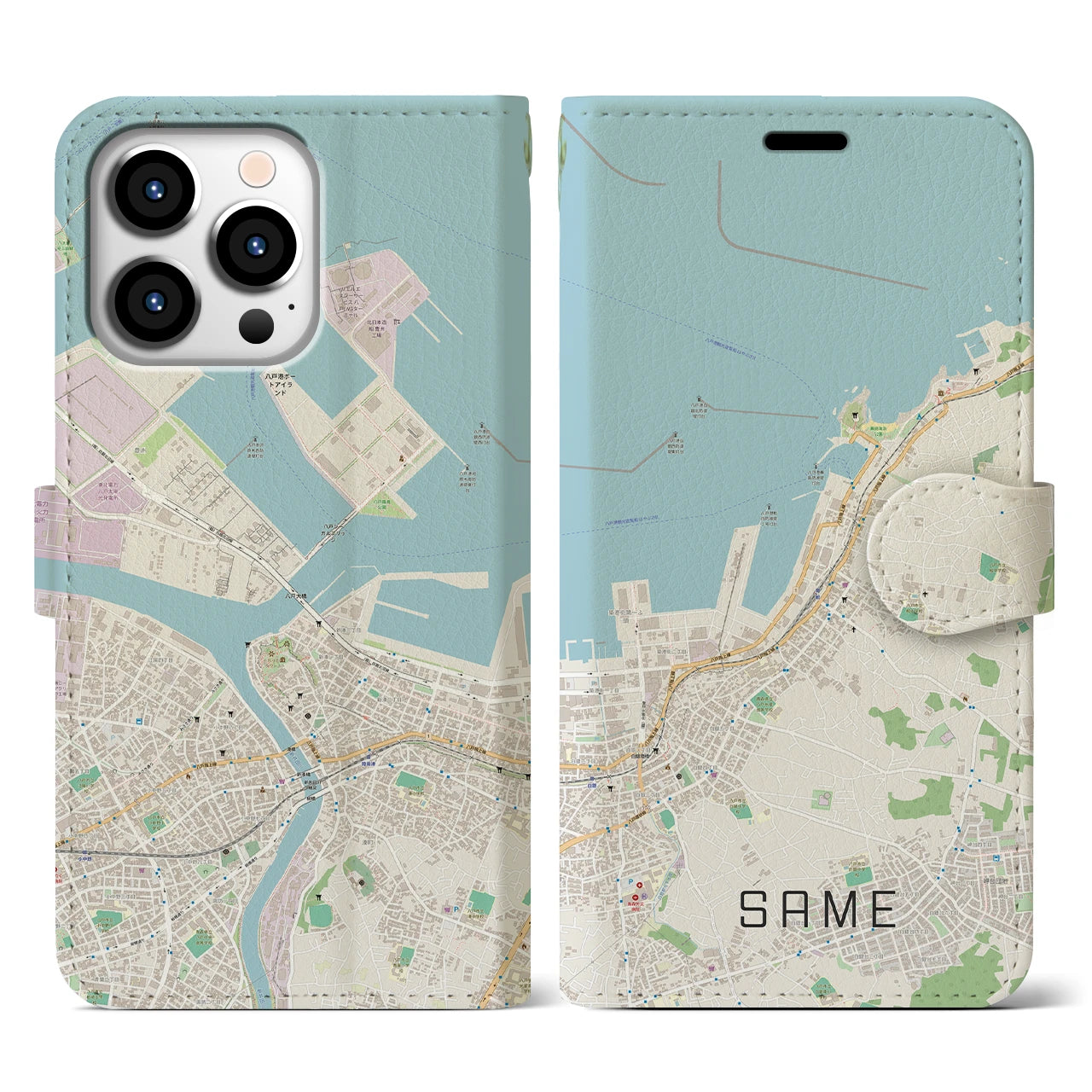 【鮫(青森県)】地図柄iPhoneケース(手帳タイプ)ナチュラル・iPhone 13 Pro 用