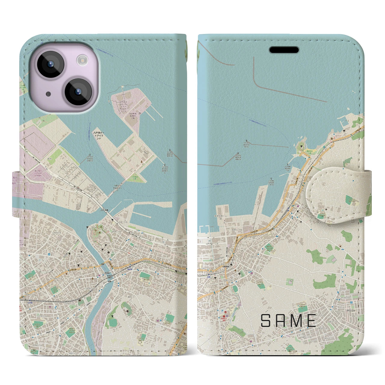 【鮫(青森県)】地図柄iPhoneケース(手帳タイプ)ナチュラル・iPhone 14 用