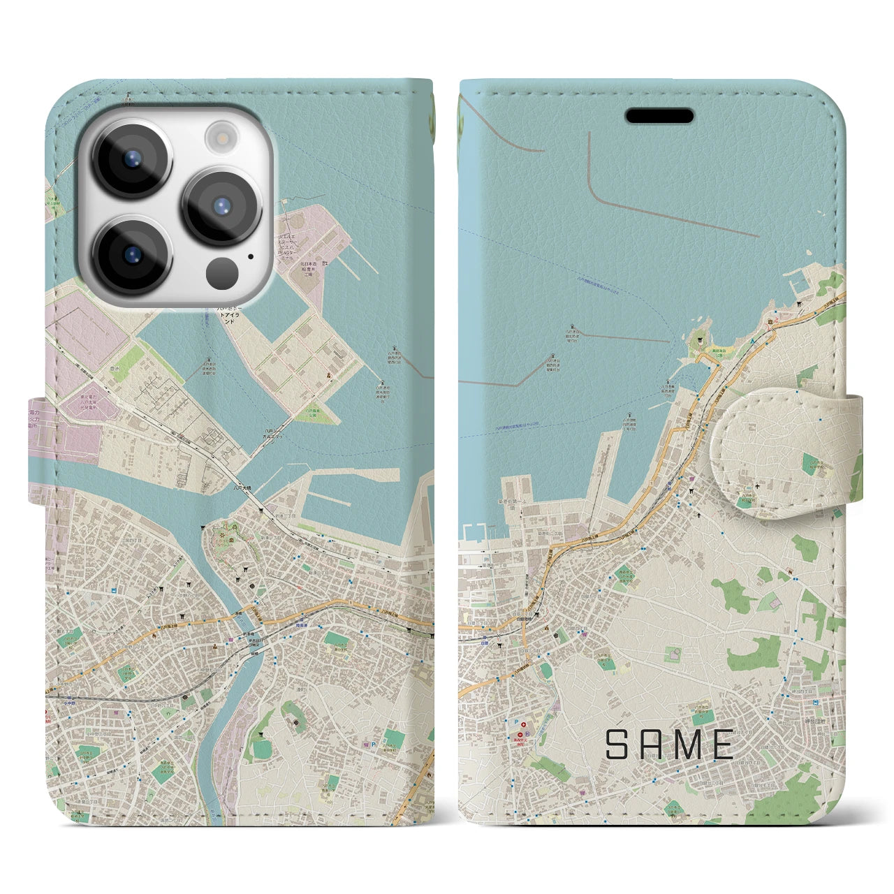 【鮫(青森県)】地図柄iPhoneケース(手帳タイプ)ナチュラル・iPhone 14 Pro 用