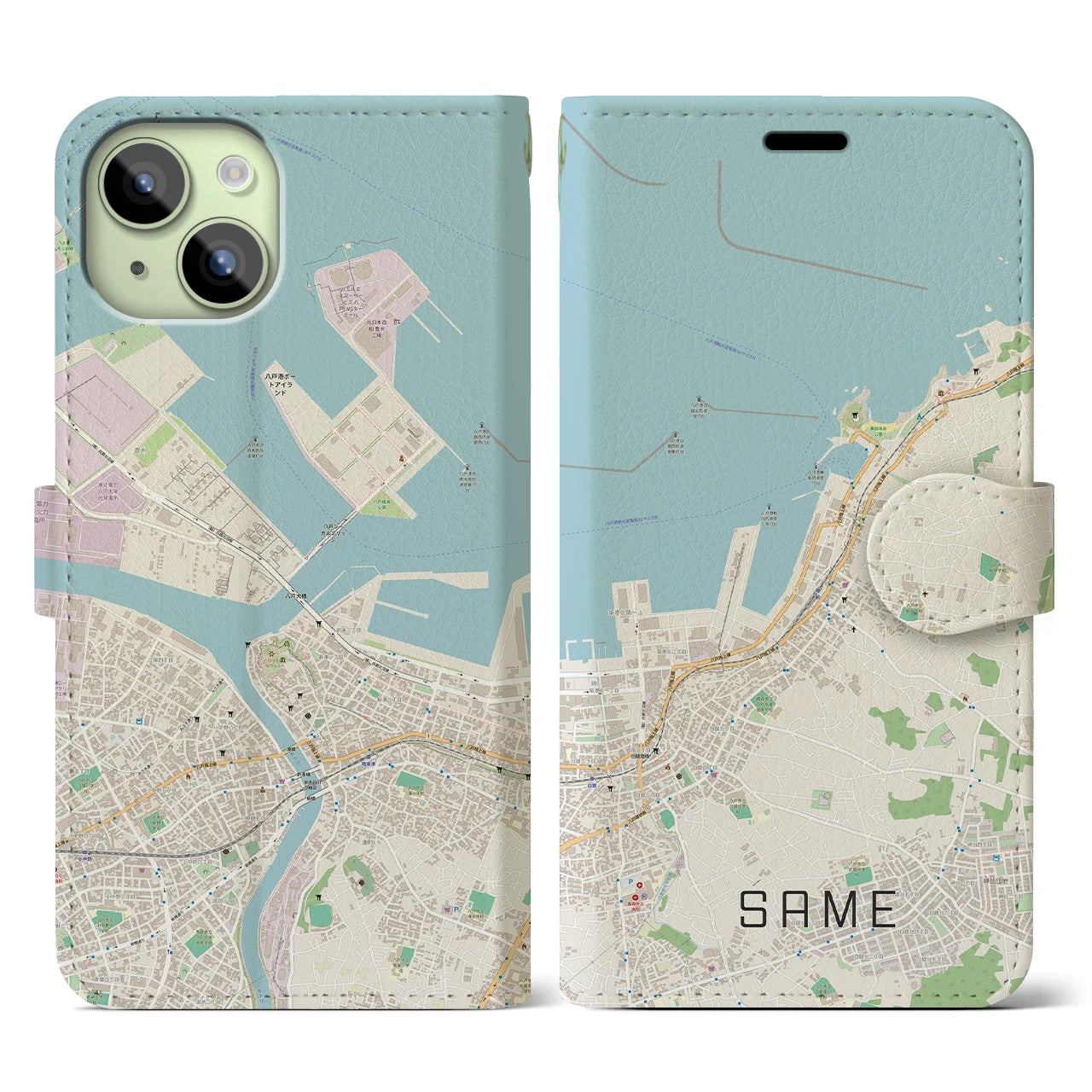 【鮫(青森県)】地図柄iPhoneケース(手帳タイプ)ナチュラル・iPhone 15 用