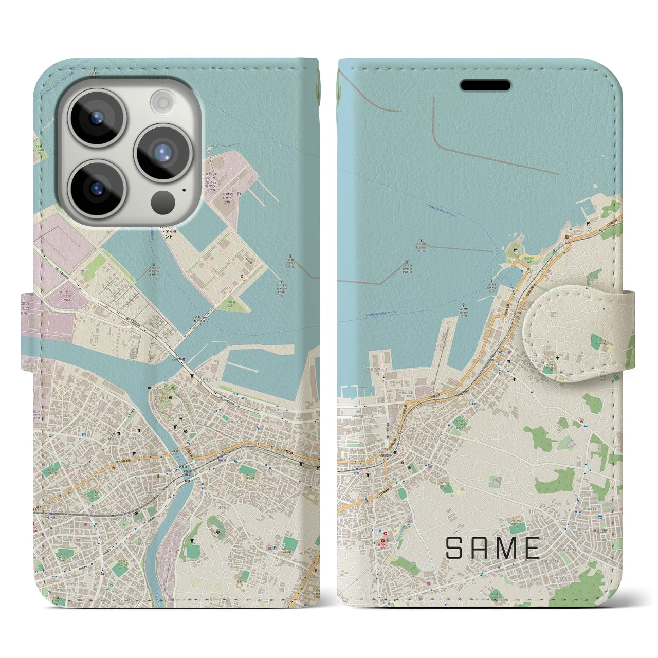 【鮫(青森県)】地図柄iPhoneケース(手帳タイプ)ナチュラル・iPhone 15 Pro 用