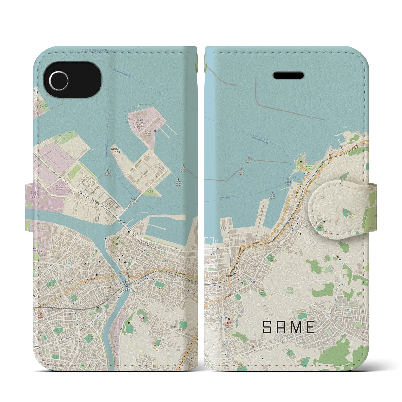 【鮫(青森県)】地図柄iPhoneケース(手帳タイプ)ナチュラル・iPhone SE(第3 / 第2世代) / 8 / 7 / 6s / 6 用