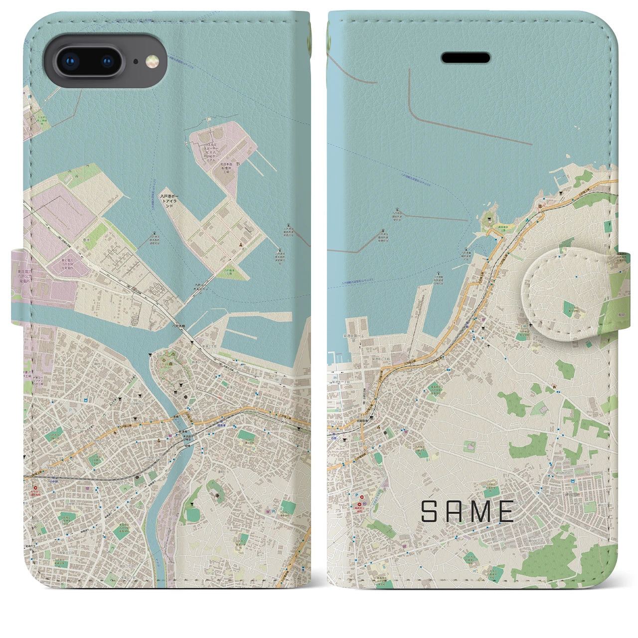 【鮫(青森県)】地図柄iPhoneケース(手帳タイプ)ナチュラル・iPhone 8Plus /7Plus / 6sPlus / 6Plus 用