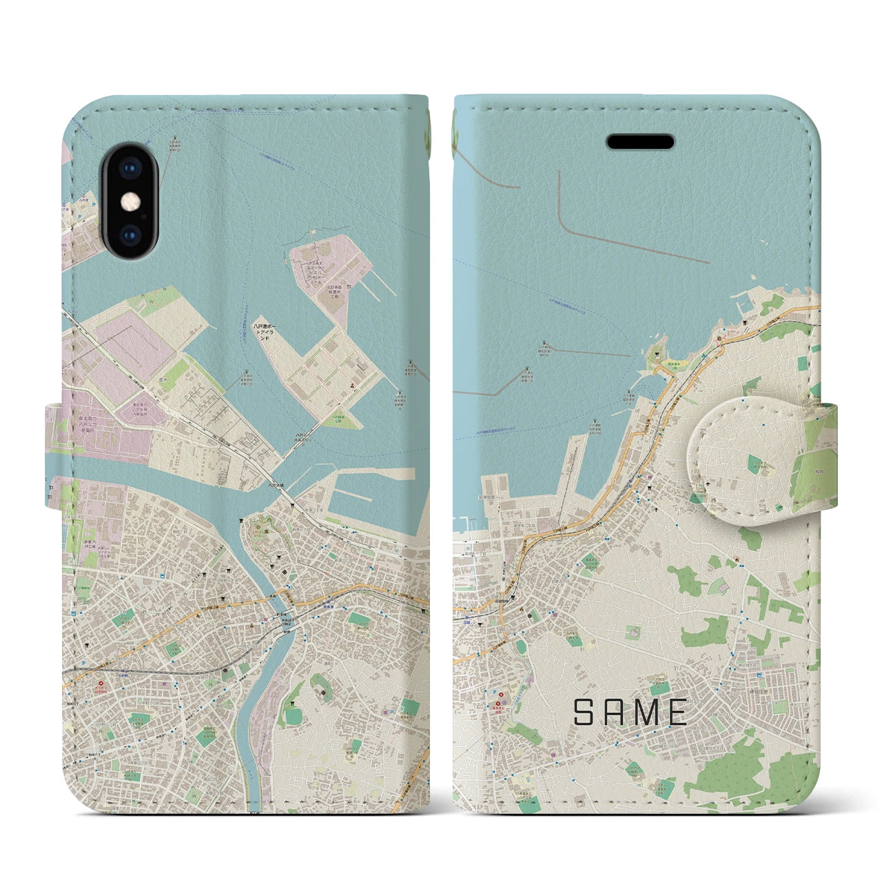 【鮫(青森県)】地図柄iPhoneケース(手帳タイプ)ナチュラル・iPhone XS / X 用