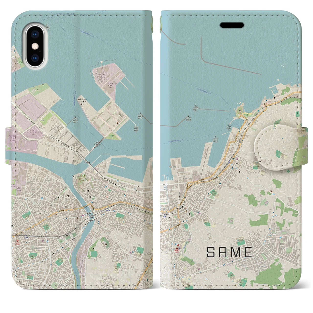 【鮫(青森県)】地図柄iPhoneケース(手帳タイプ)ナチュラル・iPhone XS Max 用