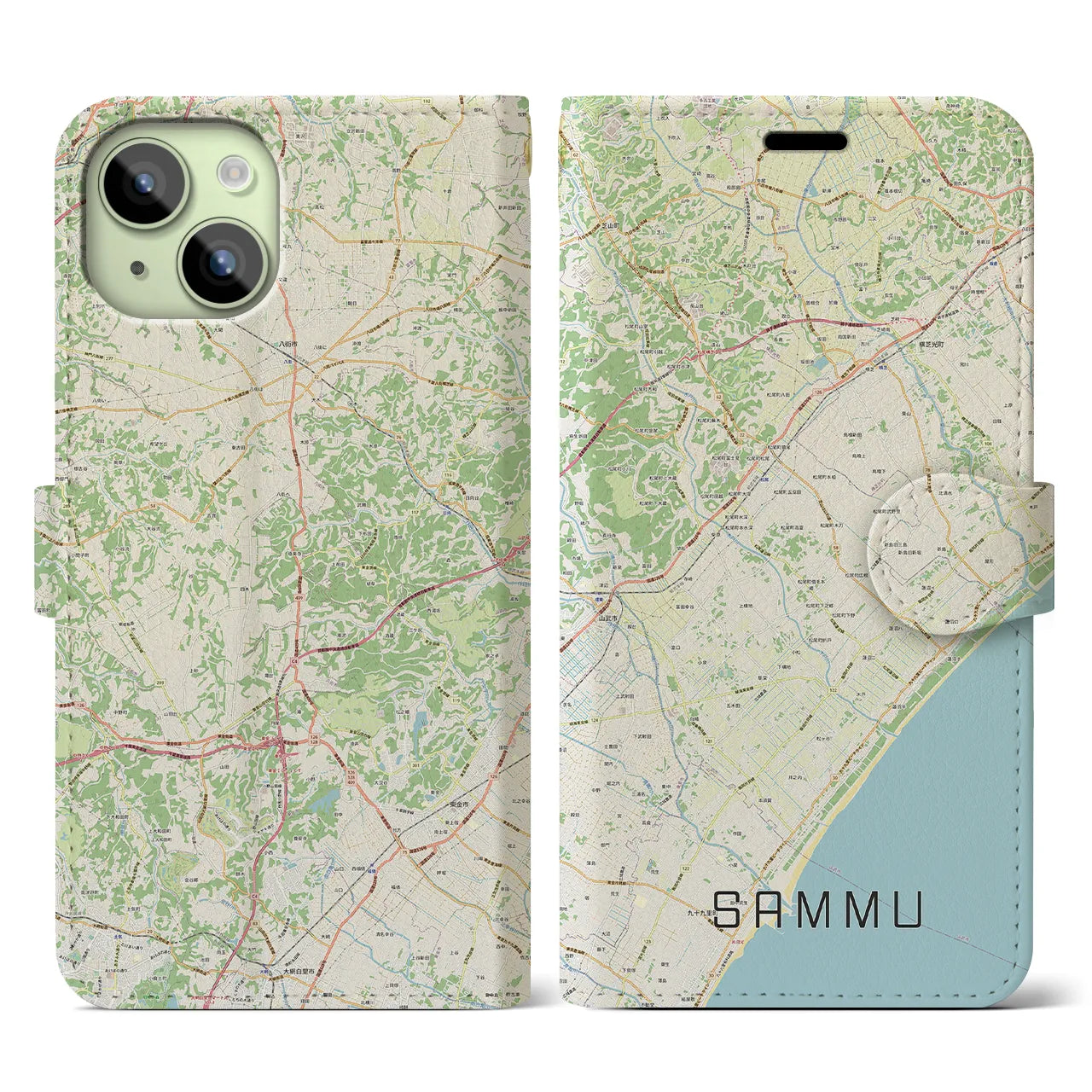【山武(千葉県)】地図柄iPhoneケース(手帳タイプ)ナチュラル・iPhone 15 用