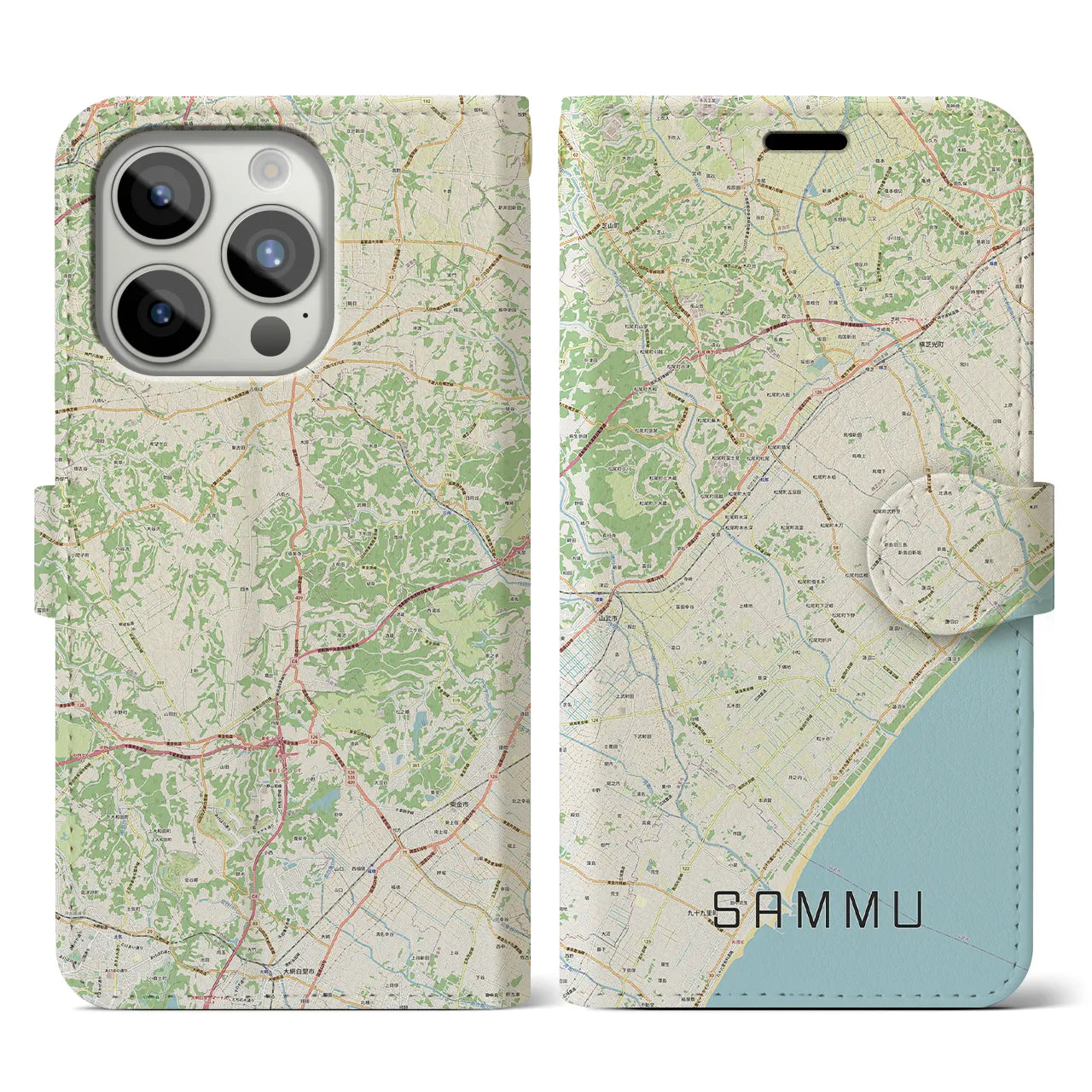 【山武(千葉県)】地図柄iPhoneケース(手帳タイプ)ナチュラル・iPhone 15 Pro 用