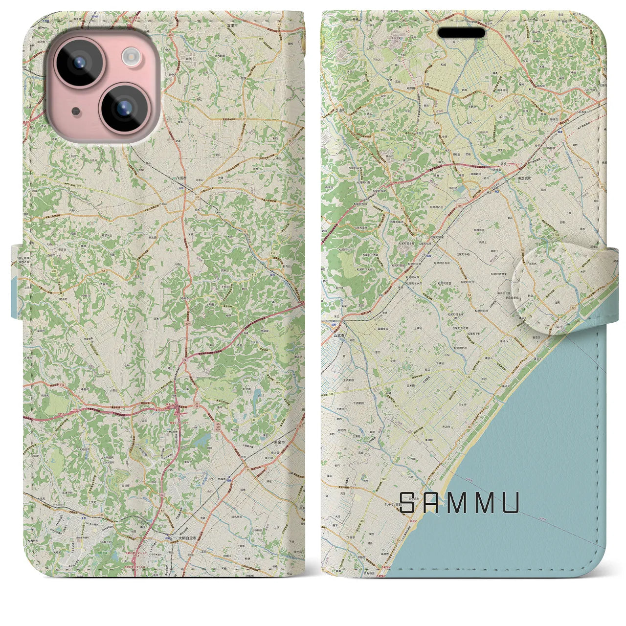 【山武(千葉県)】地図柄iPhoneケース(手帳タイプ)ナチュラル・iPhone 15 Plus 用