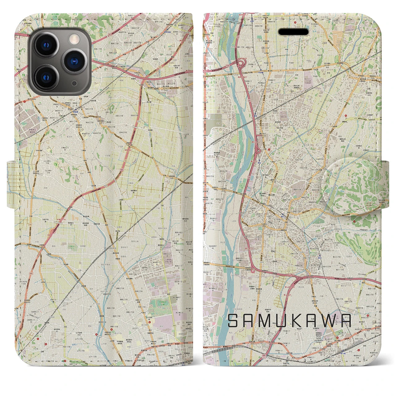 【寒川(神奈川県)】地図柄iPhoneケース(手帳タイプ)ナチュラル・iPhone 11 Pro Max 用