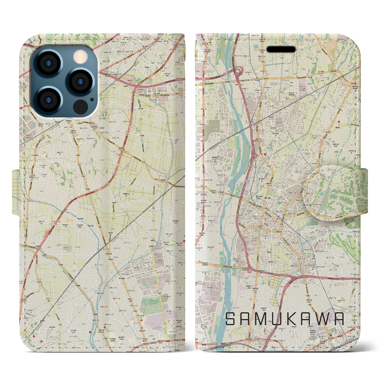 【寒川(神奈川県)】地図柄iPhoneケース(手帳タイプ)ナチュラル・iPhone 12 / 12 Pro 用
