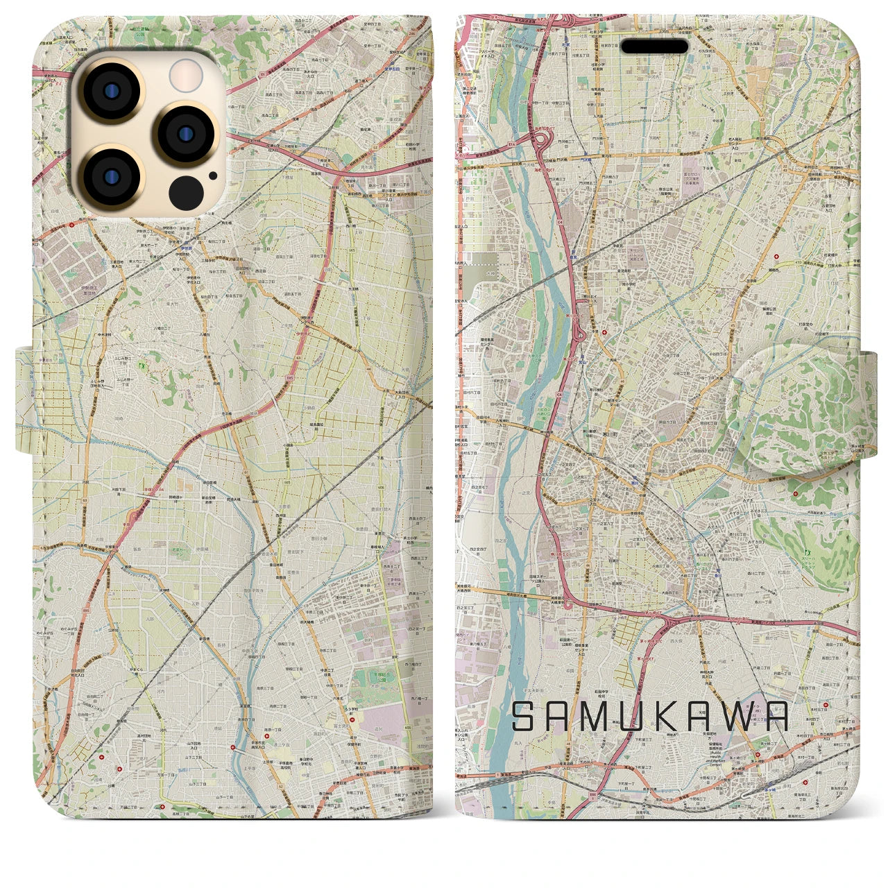 【寒川(神奈川県)】地図柄iPhoneケース(手帳タイプ)ナチュラル・iPhone 12 Pro Max 用