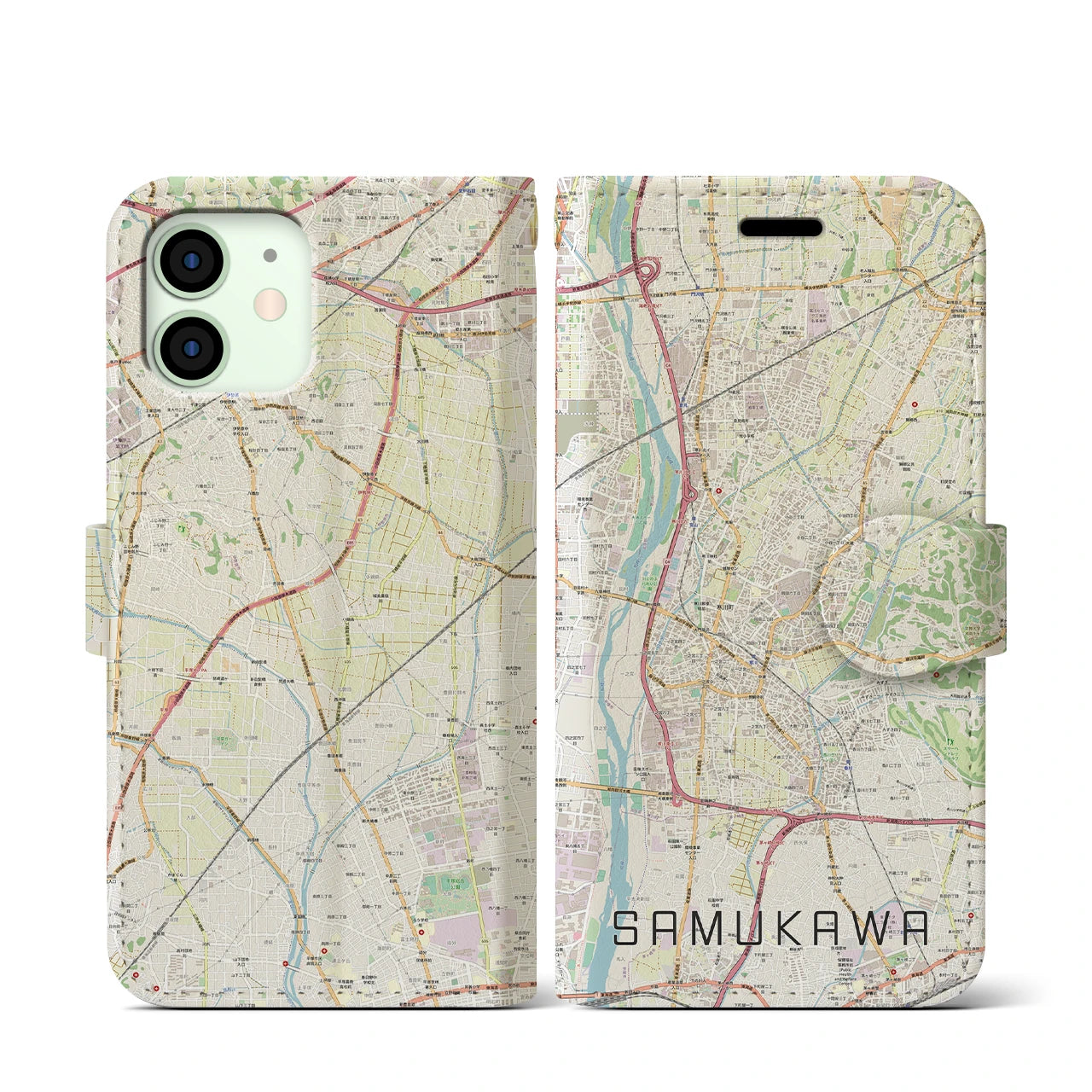 【寒川(神奈川県)】地図柄iPhoneケース(手帳タイプ)ナチュラル・iPhone 12 mini 用