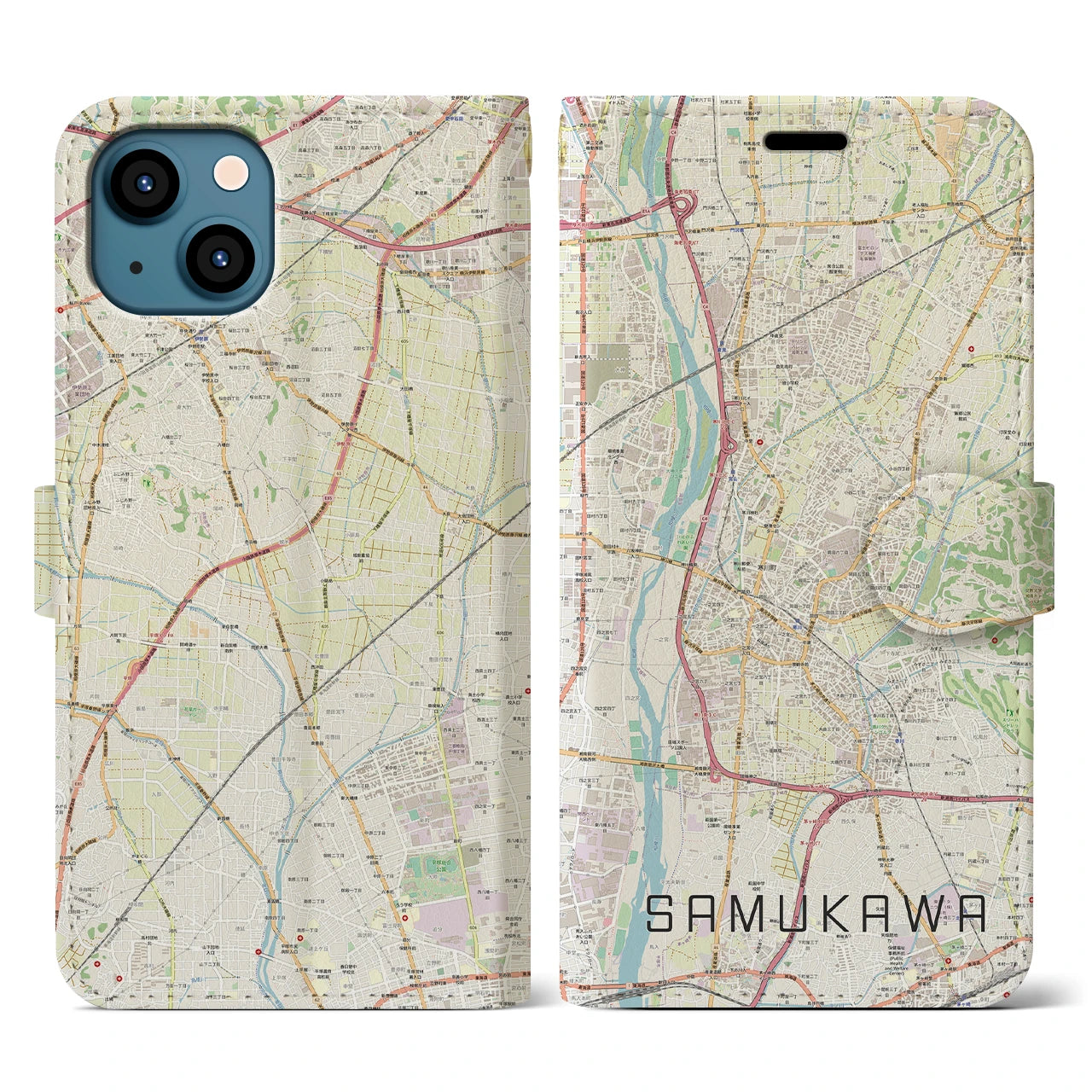 【寒川(神奈川県)】地図柄iPhoneケース(手帳タイプ)ナチュラル・iPhone 13 用