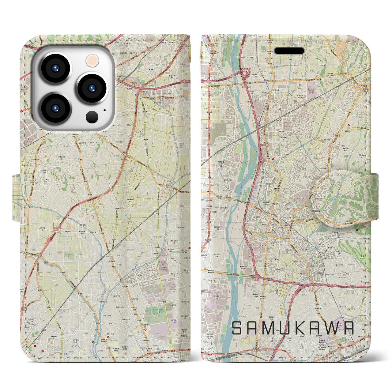 【寒川(神奈川県)】地図柄iPhoneケース(手帳タイプ)ナチュラル・iPhone 13 Pro 用