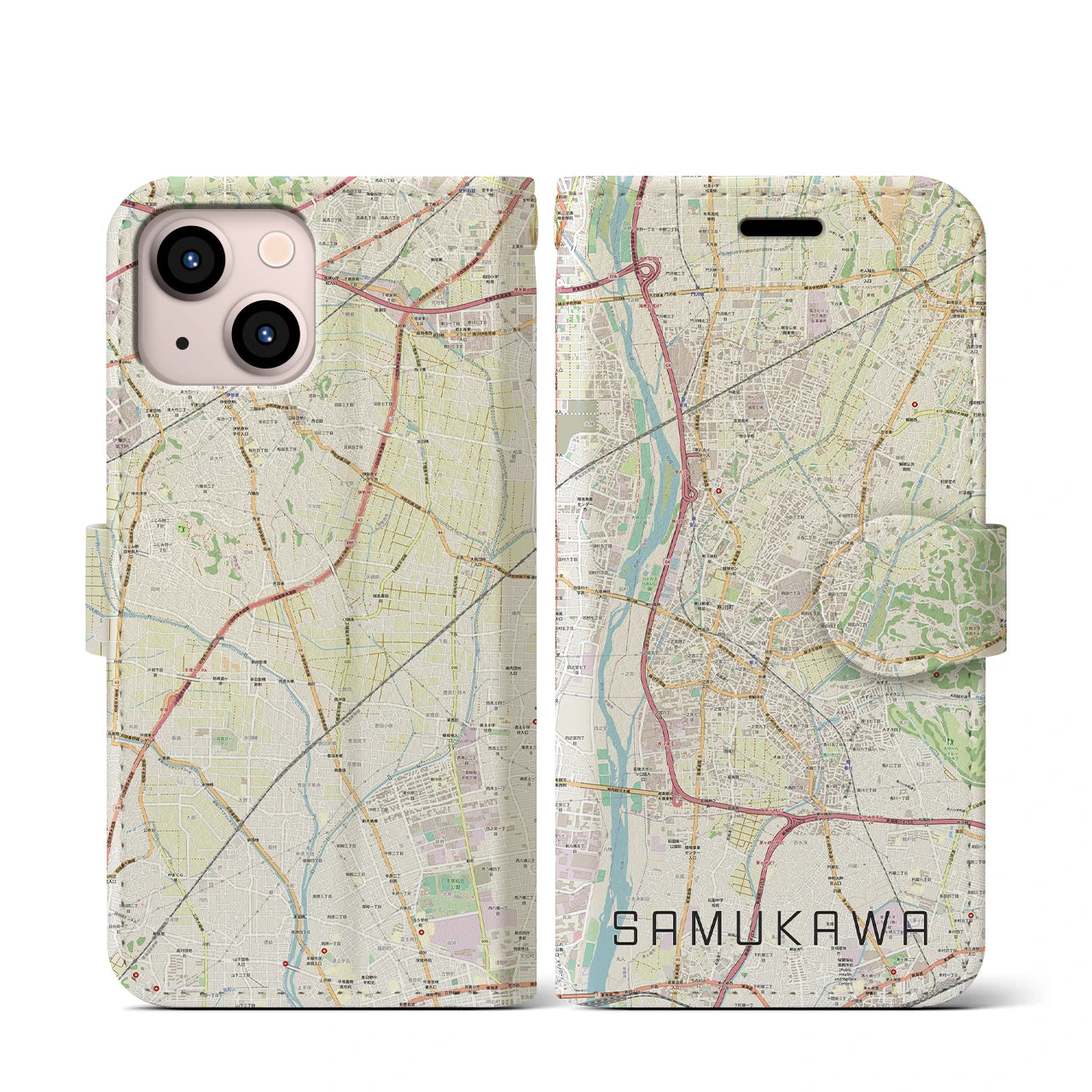 【寒川(神奈川県)】地図柄iPhoneケース(手帳タイプ)ナチュラル・iPhone 13 mini 用