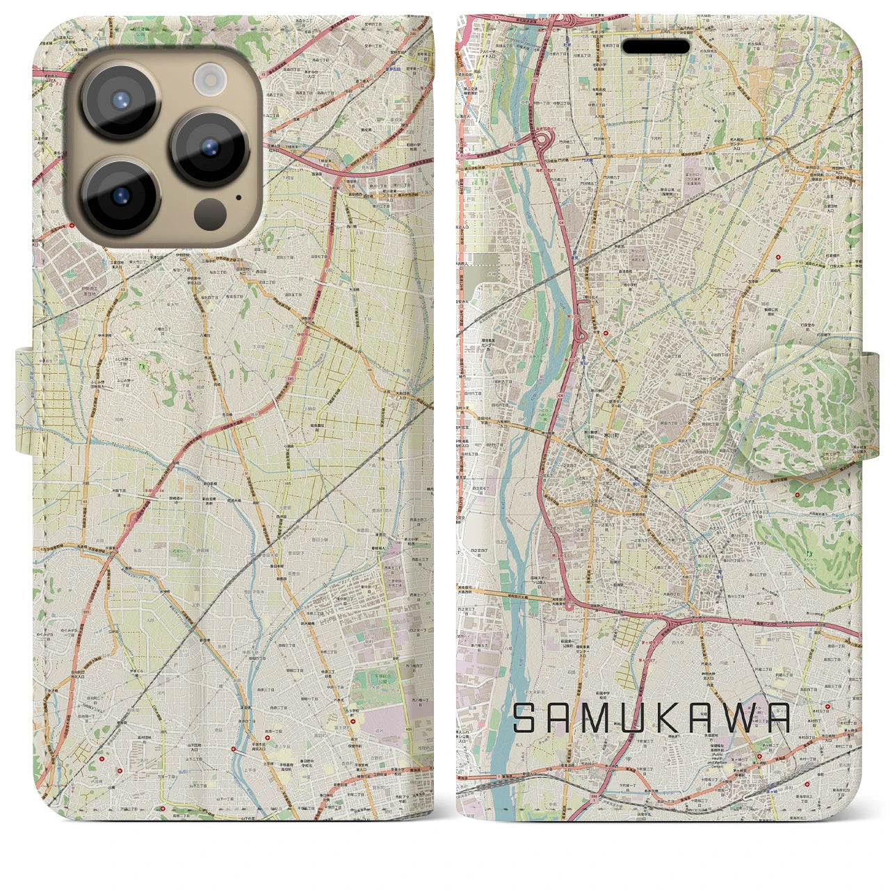 【寒川(神奈川県)】地図柄iPhoneケース(手帳タイプ)ナチュラル・iPhone 14 Pro Max 用