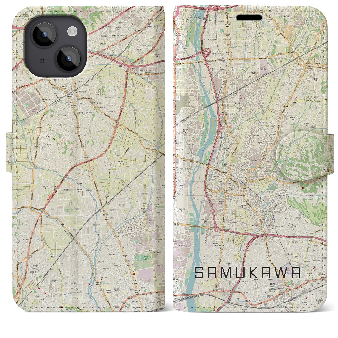 【寒川(神奈川県)】地図柄iPhoneケース(手帳タイプ)ナチュラル・iPhone 14 Plus 用