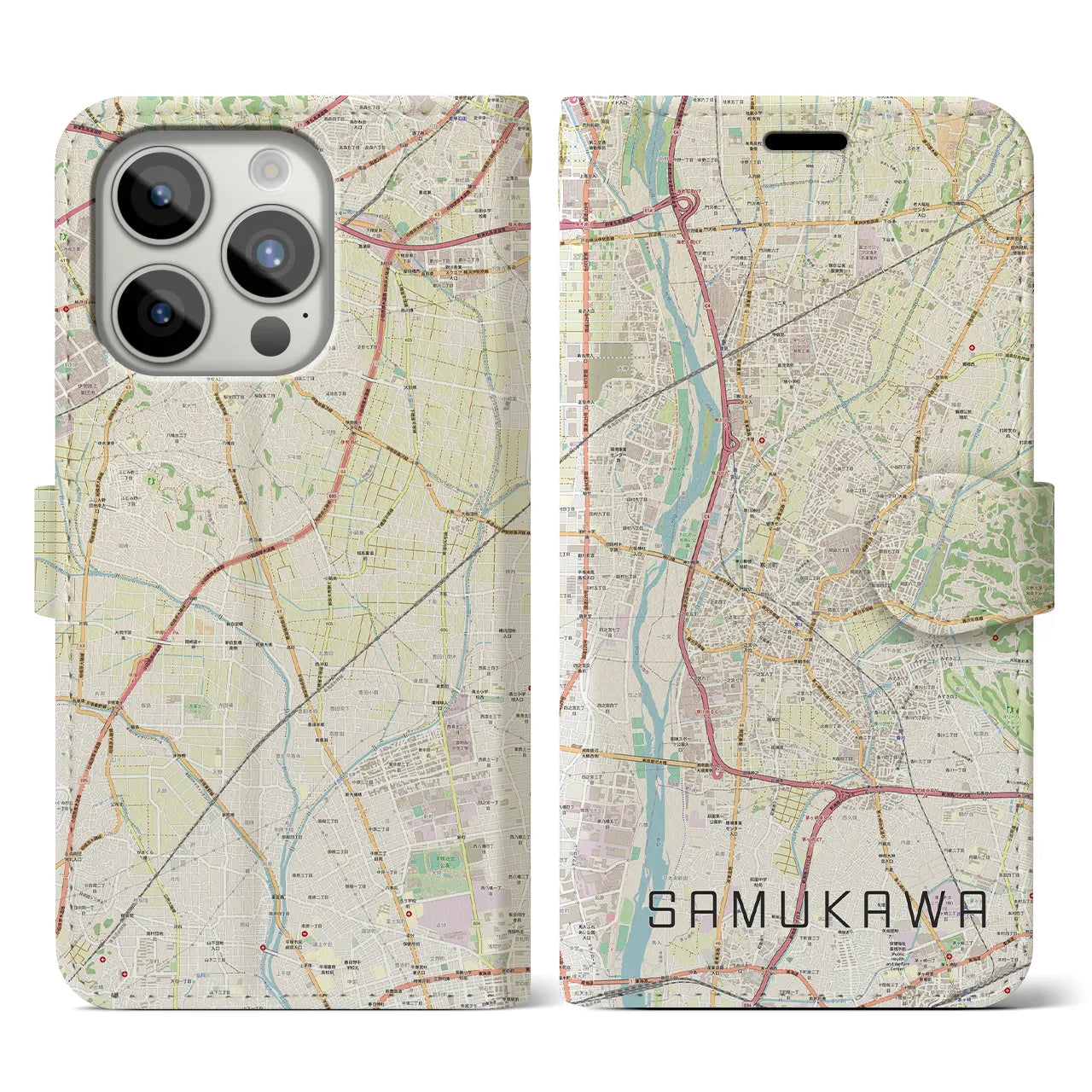 【寒川(神奈川県)】地図柄iPhoneケース(手帳タイプ)ナチュラル・iPhone 15 Pro 用