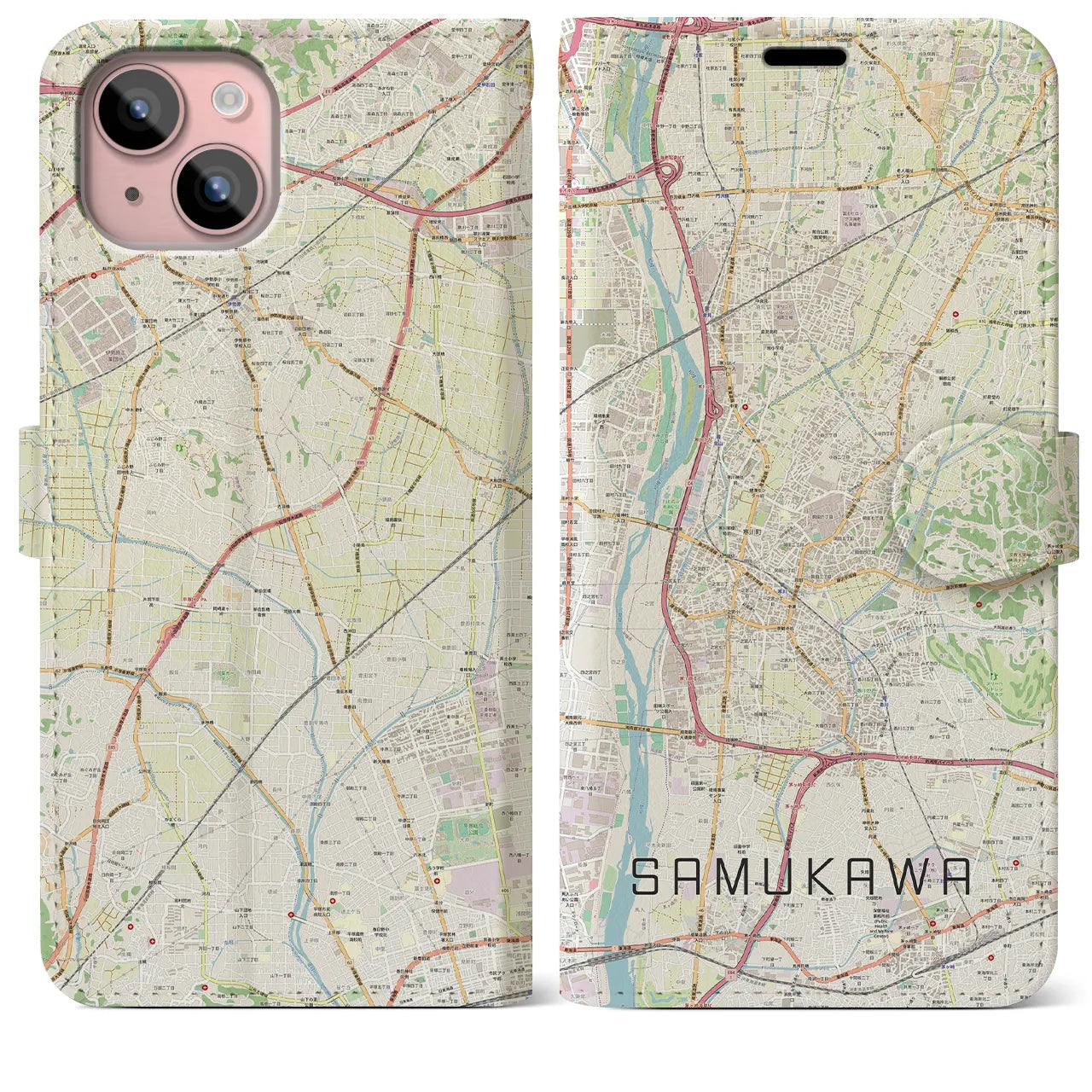 【寒川(神奈川県)】地図柄iPhoneケース(手帳タイプ)ナチュラル・iPhone 15 Plus 用