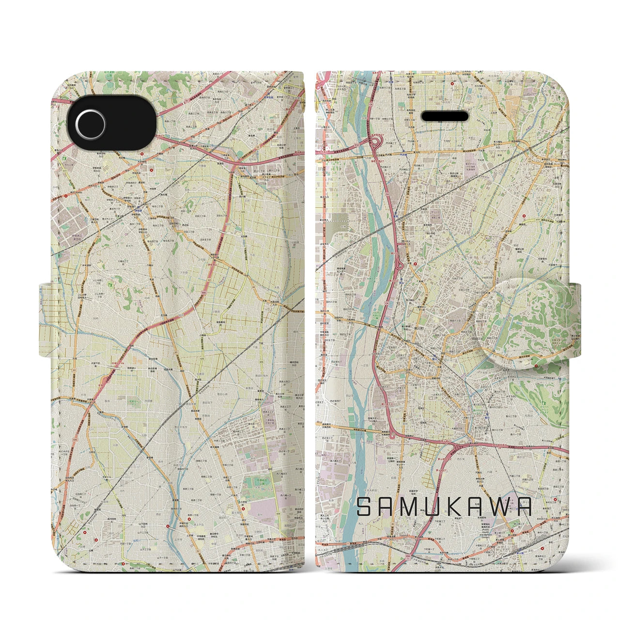【寒川(神奈川県)】地図柄iPhoneケース(手帳タイプ)ナチュラル・iPhone SE(第3 / 第2世代) / 8 / 7 / 6s / 6 用