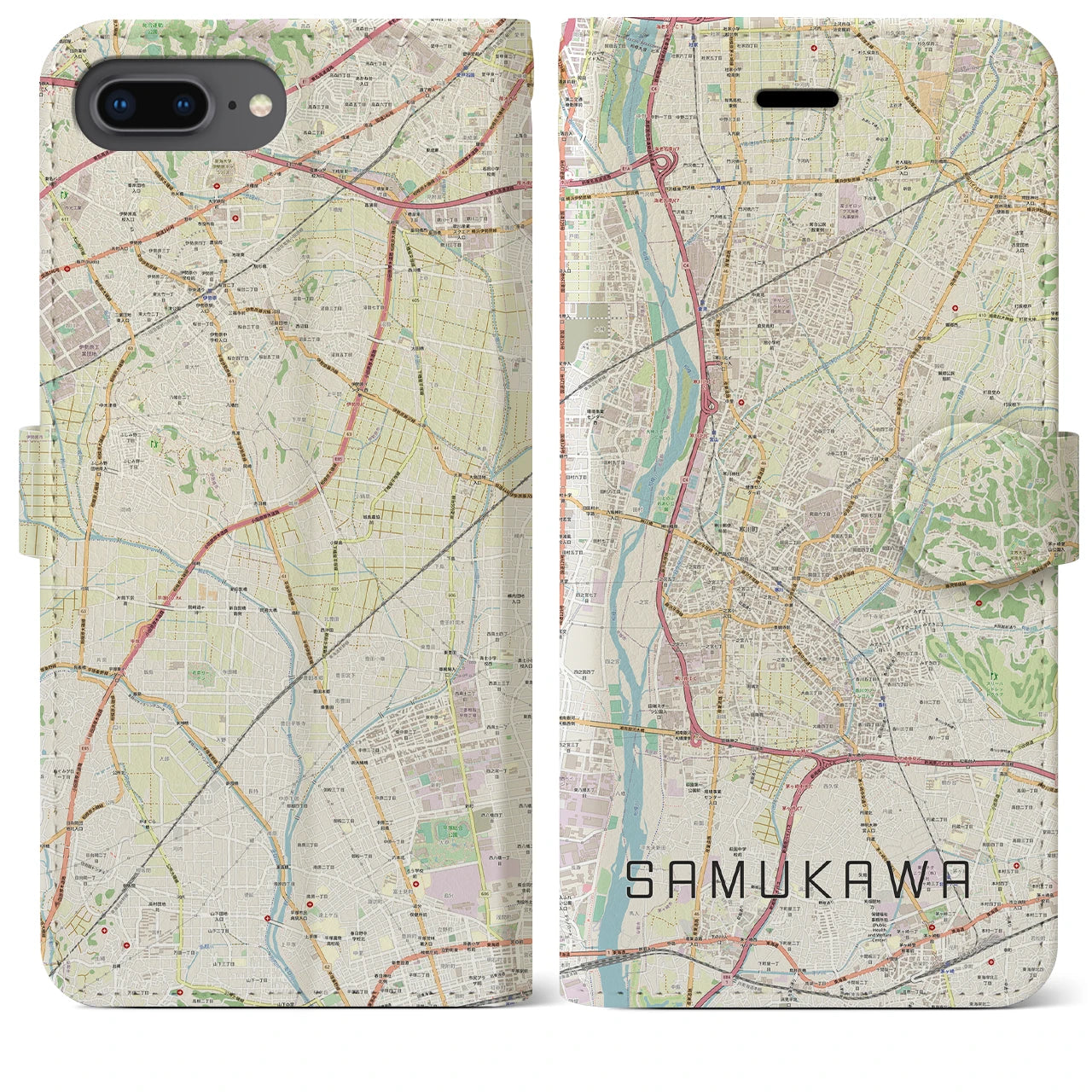 【寒川(神奈川県)】地図柄iPhoneケース(手帳タイプ)ナチュラル・iPhone 8Plus /7Plus / 6sPlus / 6Plus 用