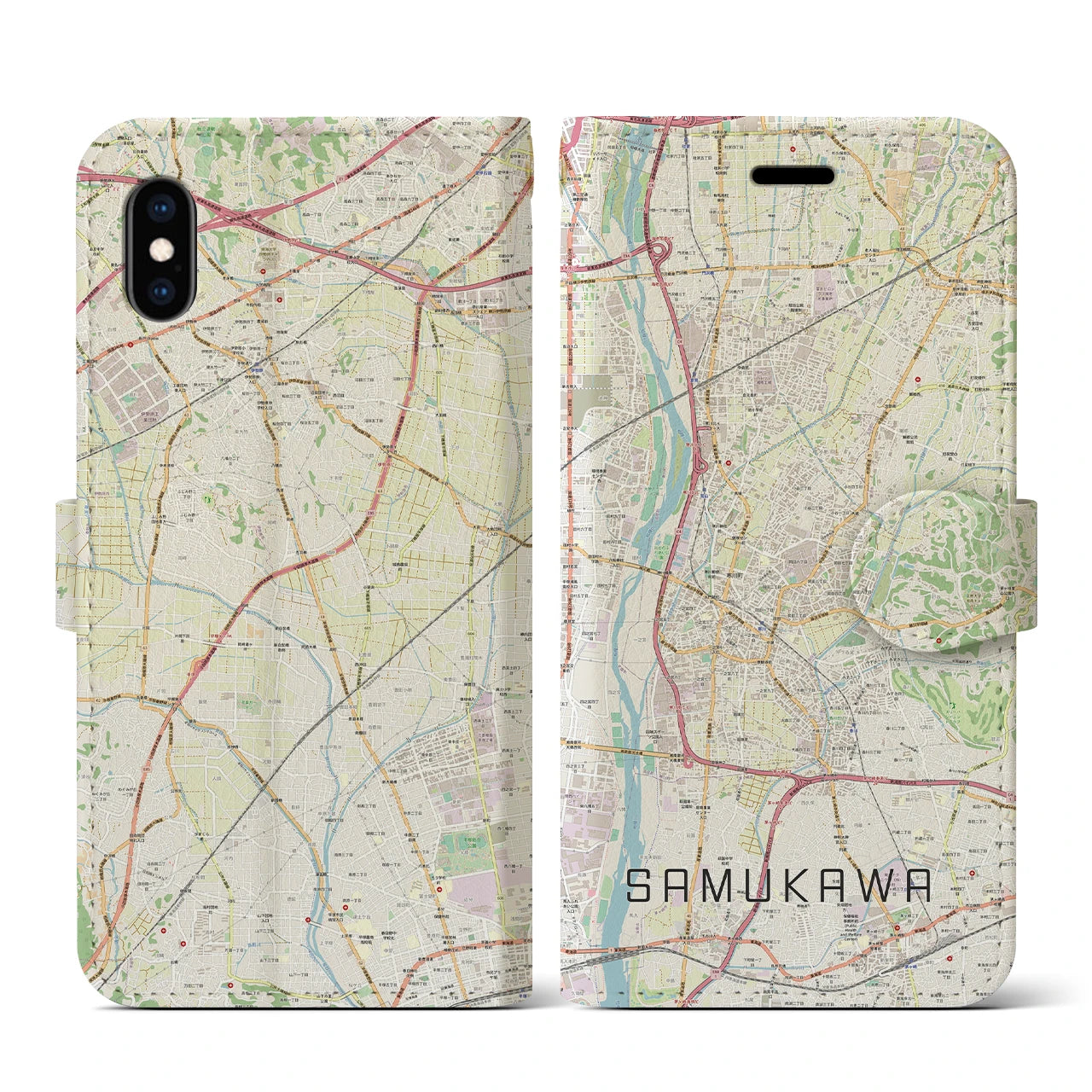 【寒川(神奈川県)】地図柄iPhoneケース(手帳タイプ)ナチュラル・iPhone XS / X 用
