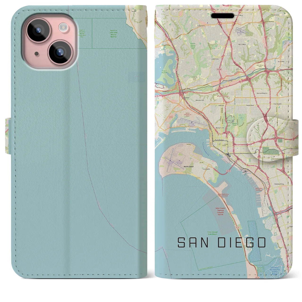 【サンディエゴ(アメリカ)】地図柄iPhoneケース(手帳タイプ)ナチュラル・iPhone 15 Plus 用