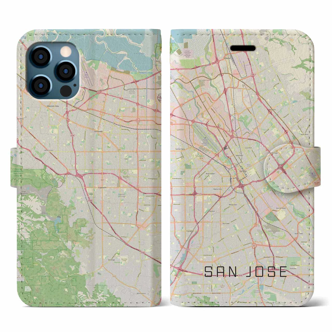 【サンノゼ(アメリカ)】地図柄iPhoneケース(手帳タイプ)ナチュラル・iPhone 12 / 12 Pro 用