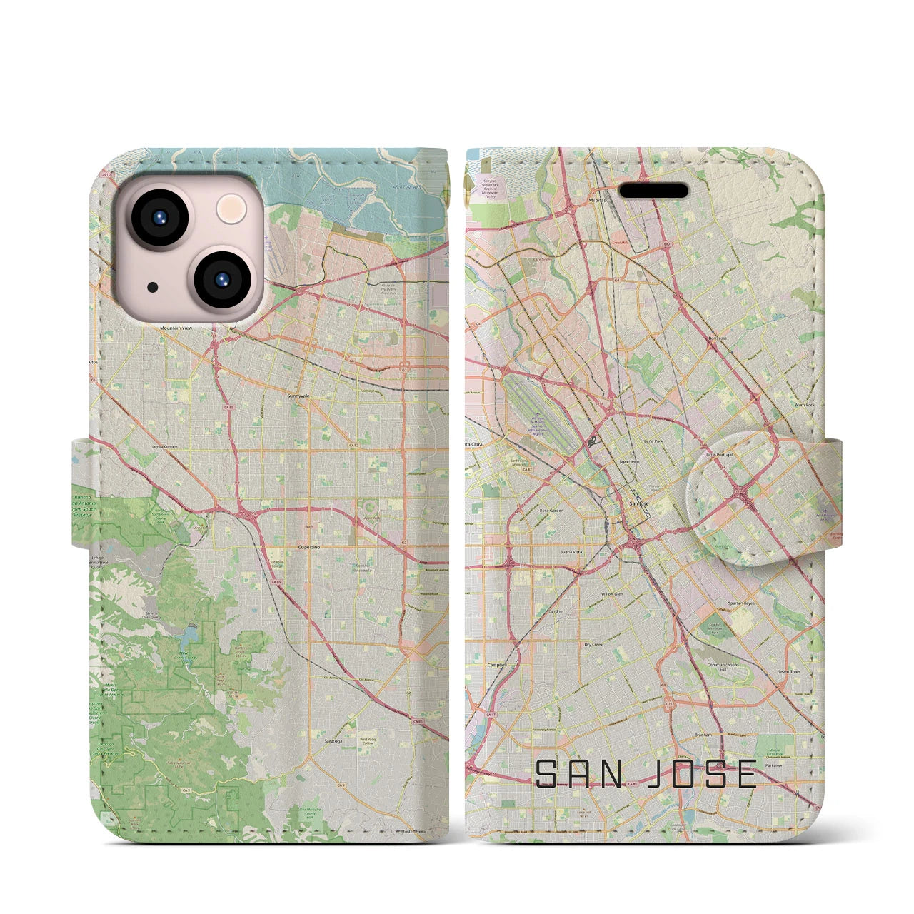 【サンノゼ(アメリカ)】地図柄iPhoneケース(手帳タイプ)ナチュラル・iPhone 13 mini 用