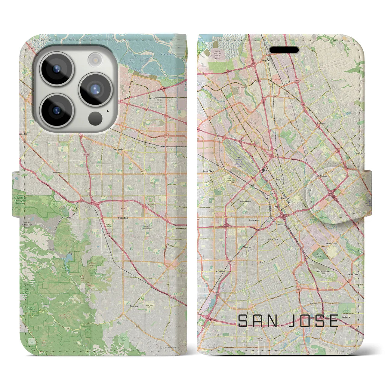 【サンノゼ(アメリカ)】地図柄iPhoneケース(手帳タイプ)ナチュラル・iPhone 15 Pro 用