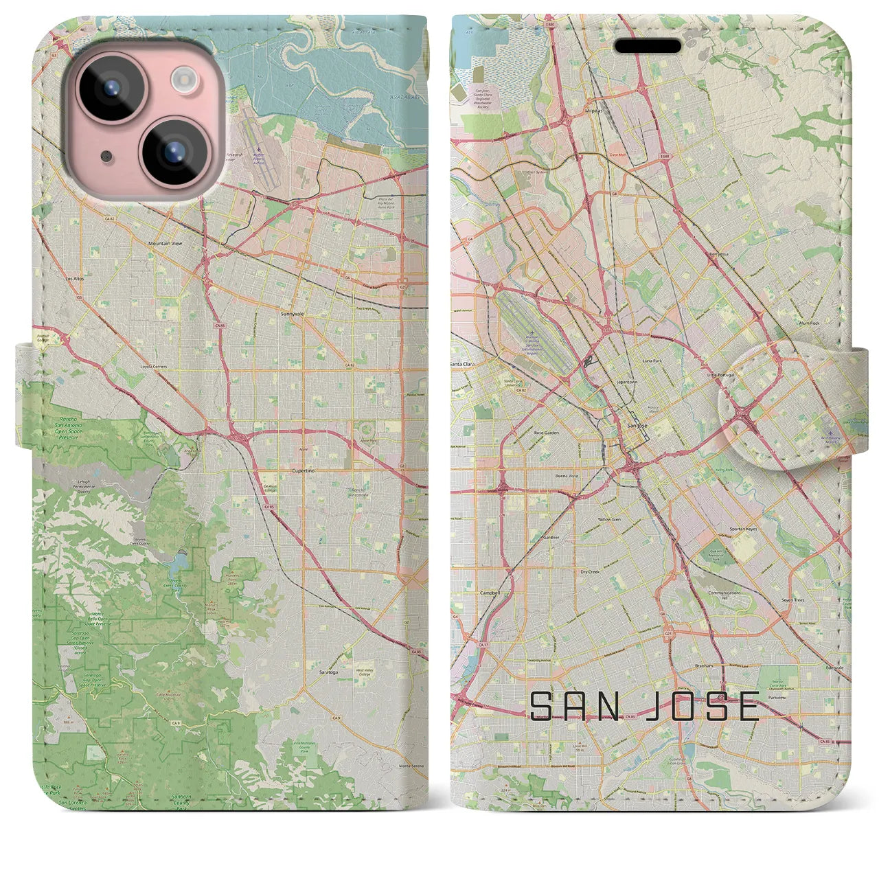 【サンノゼ(アメリカ)】地図柄iPhoneケース(手帳タイプ)ナチュラル・iPhone 15 Plus 用