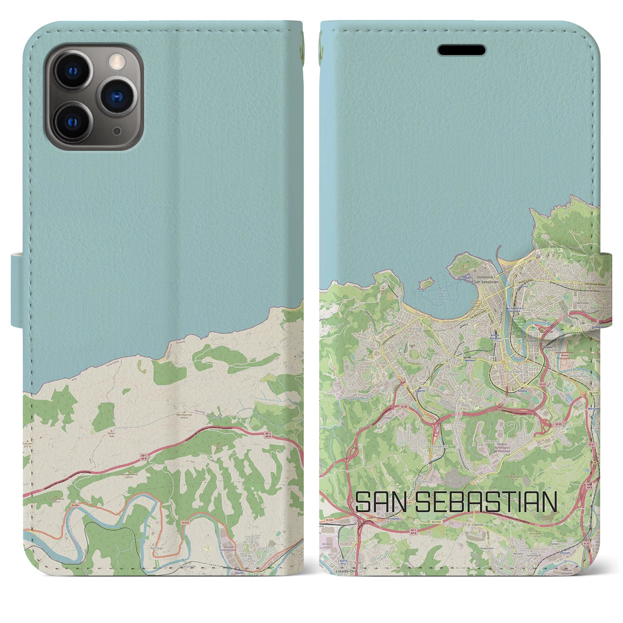 【サン・セバスティアン(スペイン)】地図柄iPhoneケース(手帳タイプ)ナチュラル・iPhone 11 Pro Max 用