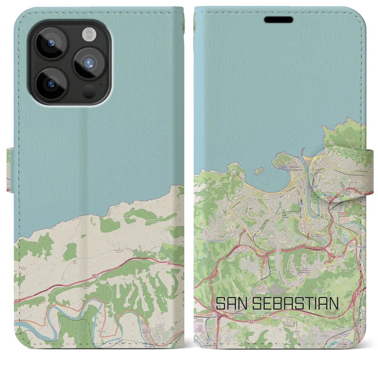 【サン・セバスティアン(スペイン)】地図柄iPhoneケース(手帳タイプ)ナチュラル・iPhone 15 Pro Max 用