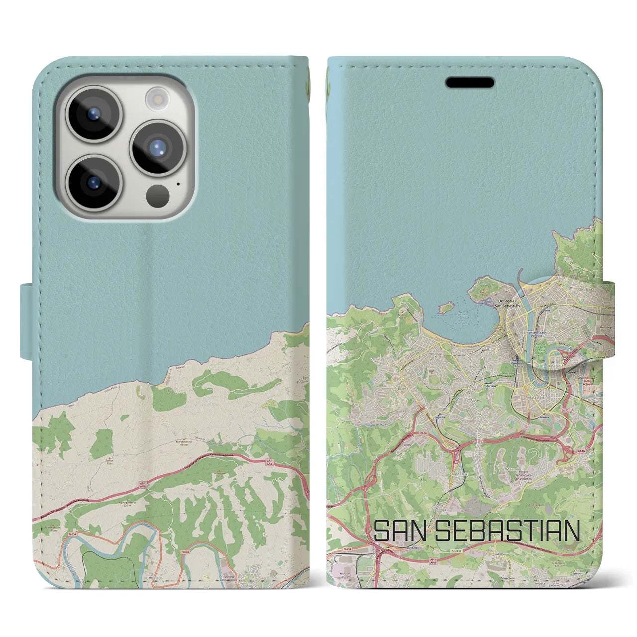 【サン・セバスティアン(スペイン)】地図柄iPhoneケース(手帳タイプ)ナチュラル・iPhone 15 Pro 用
