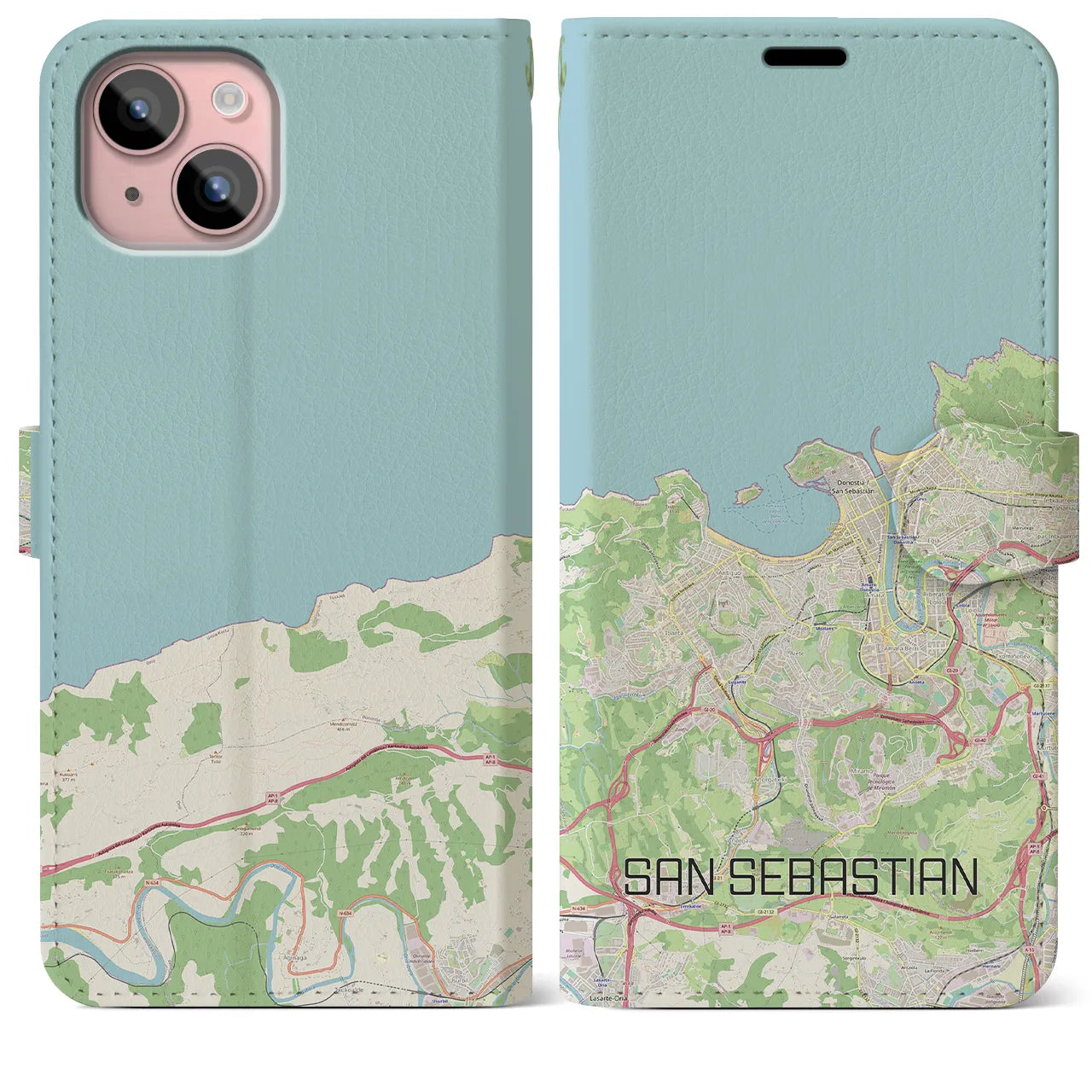 【サン・セバスティアン(スペイン)】地図柄iPhoneケース(手帳タイプ)ナチュラル・iPhone 15 Plus 用