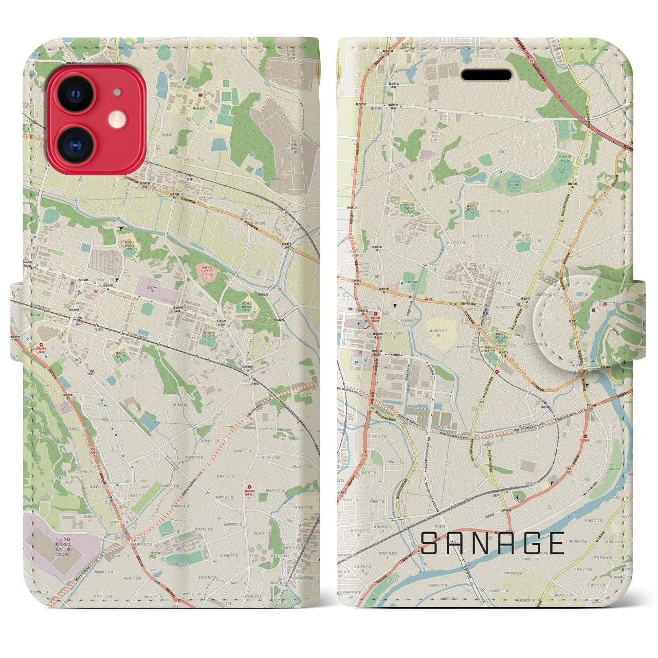 【猿投(愛知県)】地図柄iPhoneケース(手帳タイプ)ナチュラル・iPhone 11 用