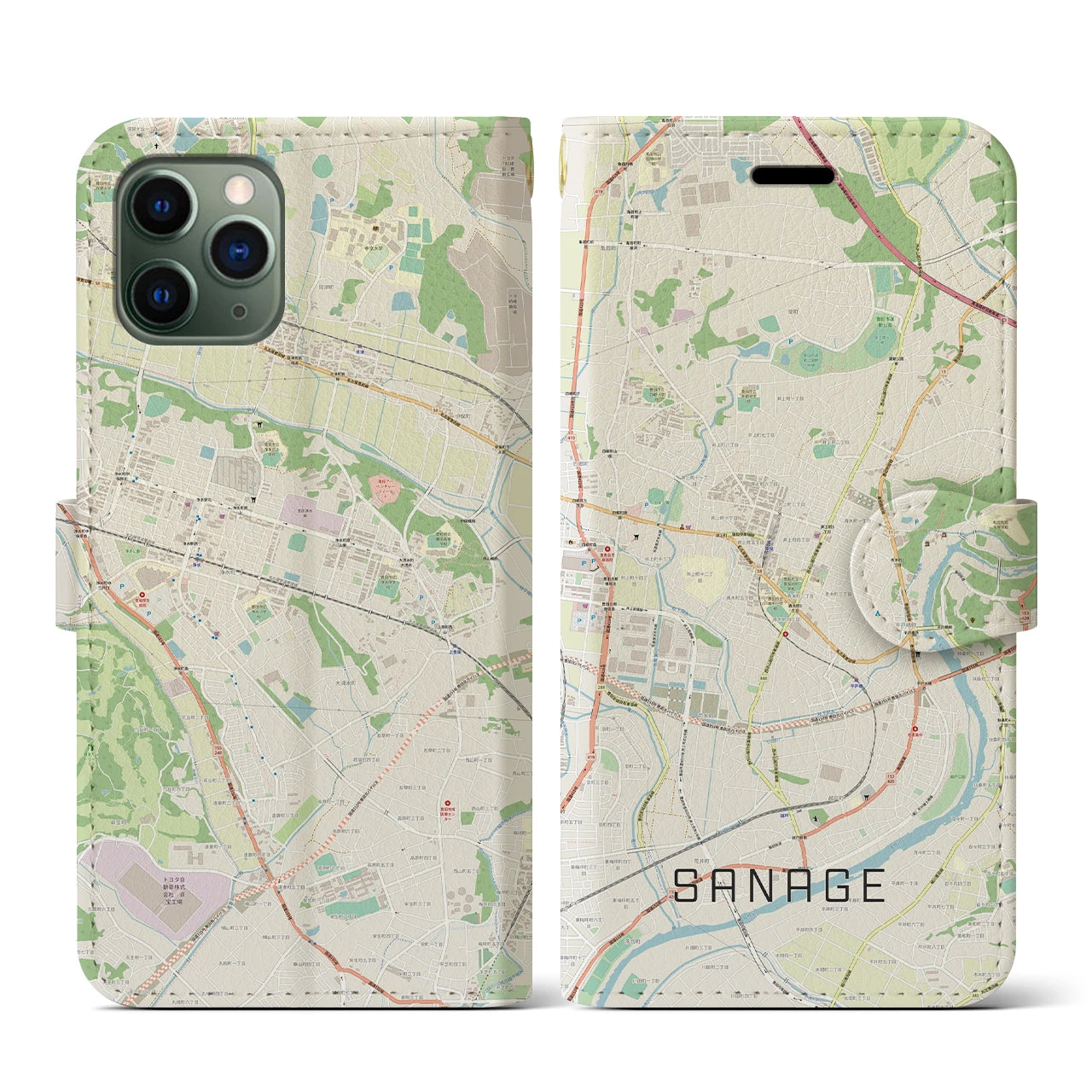 【猿投(愛知県)】地図柄iPhoneケース(手帳タイプ)ナチュラル・iPhone 11 Pro 用