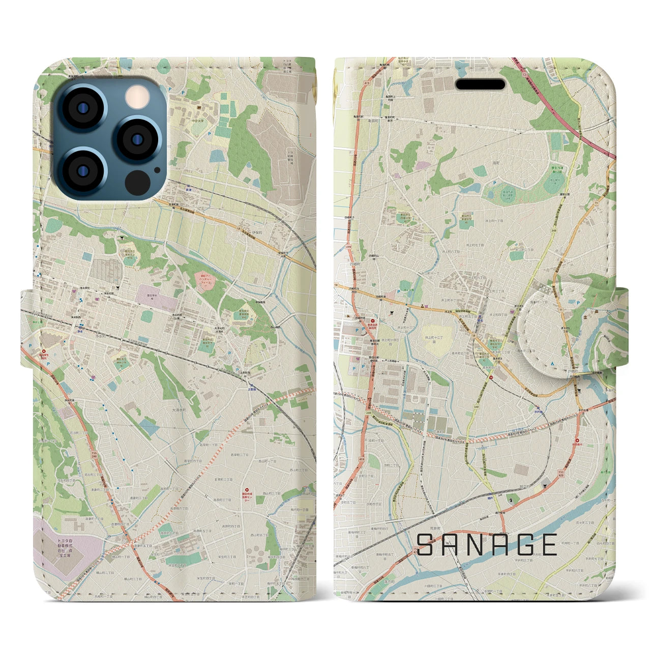 【猿投(愛知県)】地図柄iPhoneケース(手帳タイプ)ナチュラル・iPhone 12 / 12 Pro 用