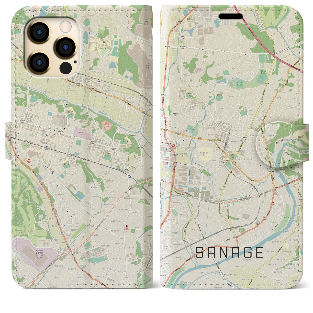 【猿投(愛知県)】地図柄iPhoneケース(手帳タイプ)ナチュラル・iPhone 12 Pro Max 用