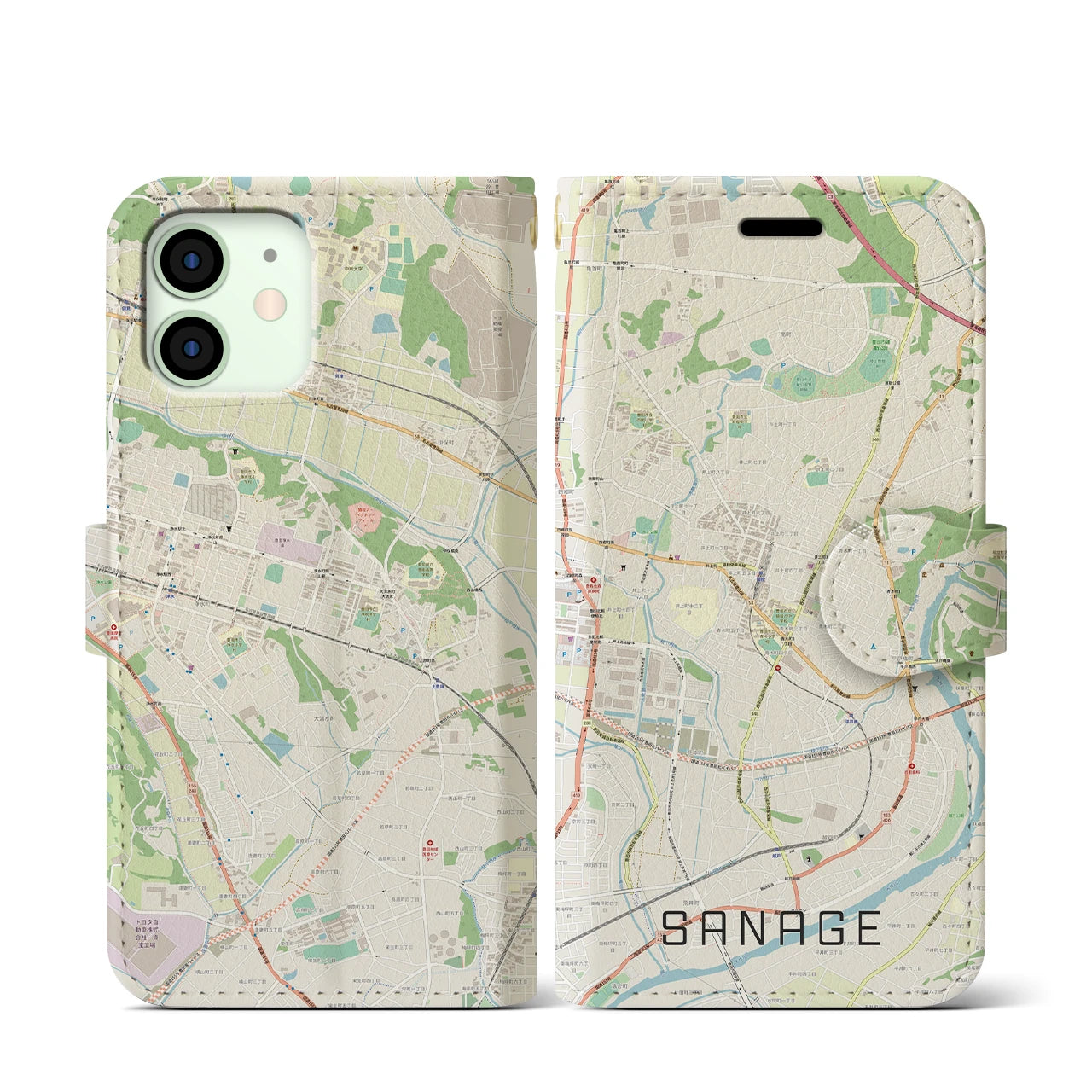 【猿投(愛知県)】地図柄iPhoneケース(手帳タイプ)ナチュラル・iPhone 12 mini 用