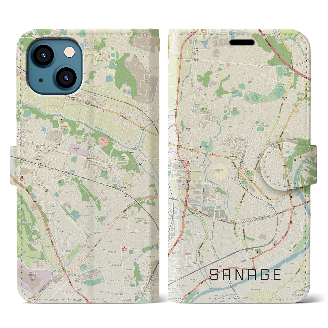 【猿投(愛知県)】地図柄iPhoneケース(手帳タイプ)ナチュラル・iPhone 13 用