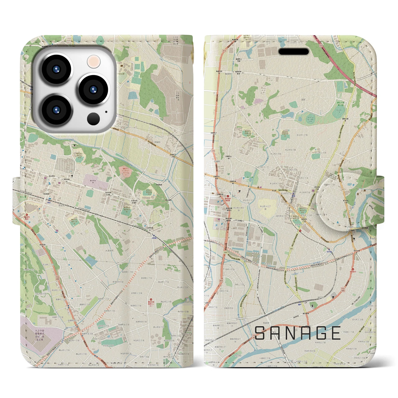 【猿投(愛知県)】地図柄iPhoneケース(手帳タイプ)ナチュラル・iPhone 13 Pro 用