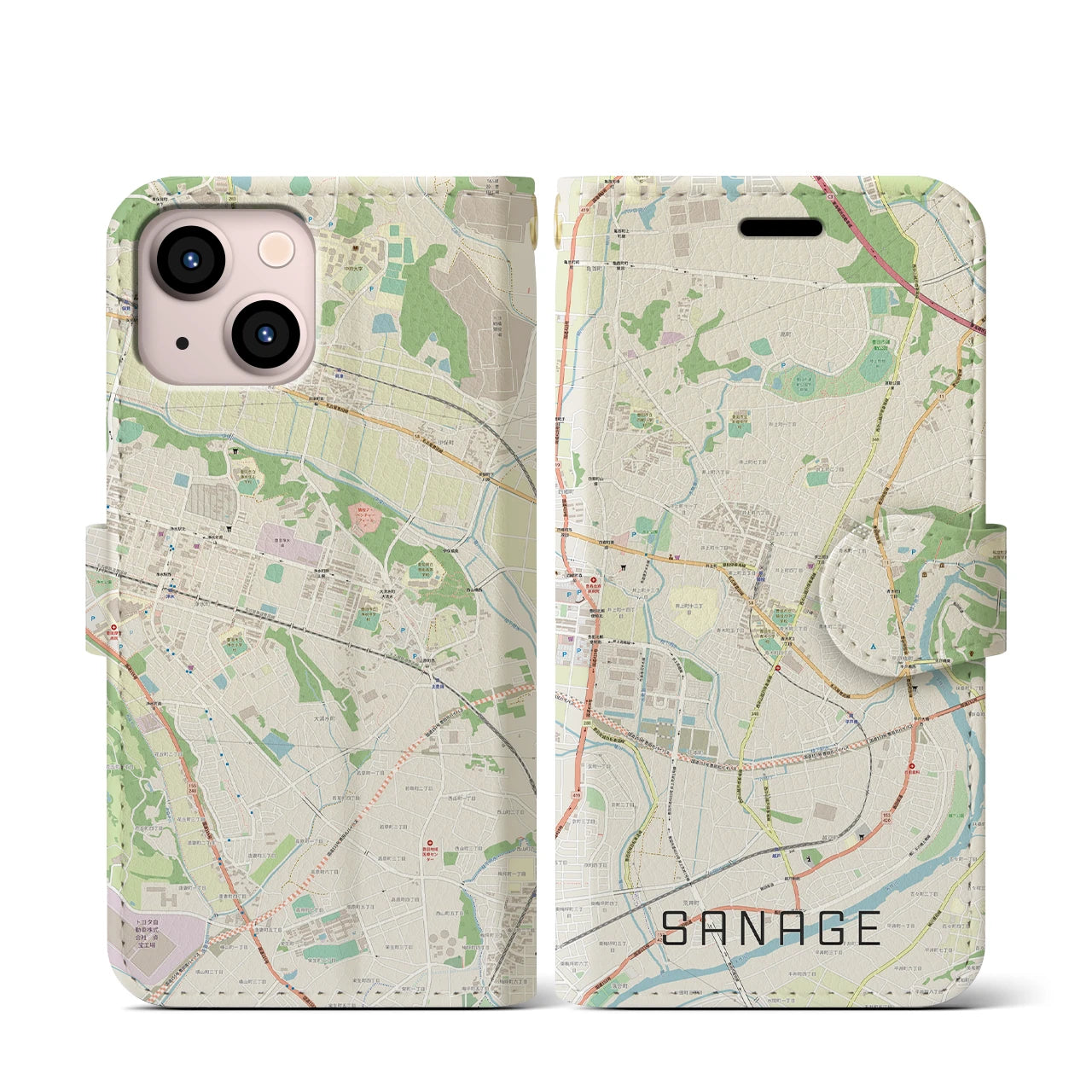 【猿投(愛知県)】地図柄iPhoneケース(手帳タイプ)ナチュラル・iPhone 13 mini 用